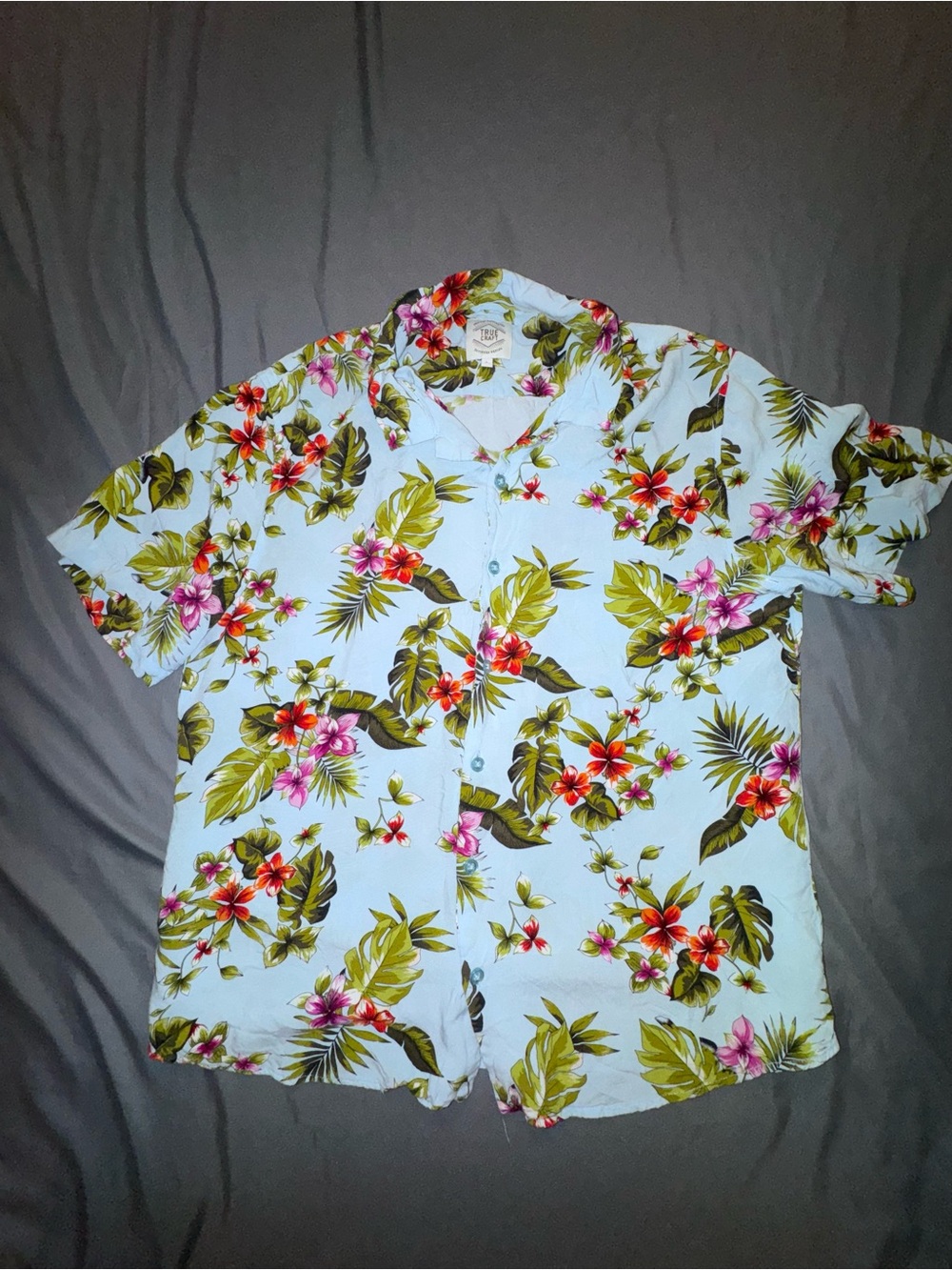 True Craft Light Blue Hawaiian Floral Button-Down Shirt-0074